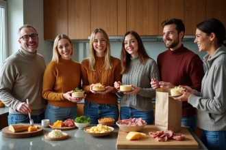 Groupe d adultes préparant une raclette dans une cuisine chaleureuse