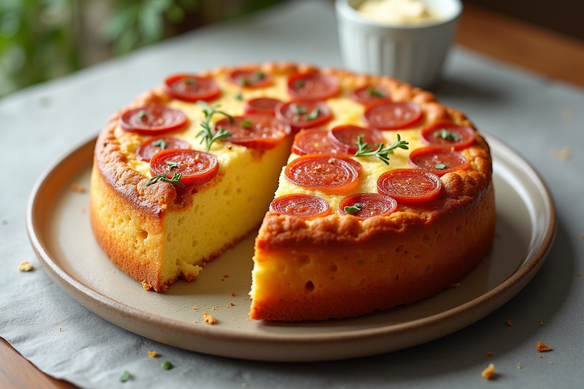 Gâteau entier au chorizo et feta présenté sur une assiette minimaliste