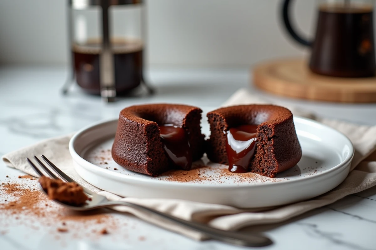 Deux petits gâteaux au chocolat avec centres fondants sur une table