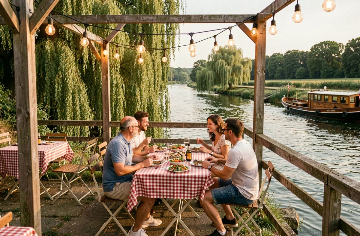Terrasse guinguette de La Guinguette de Villennes au bord de la Seine avec tables à nappes vichy
