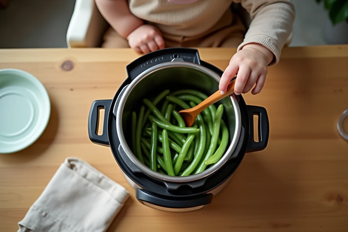 Bébé tend la main vers la cocotte de haricots cuits