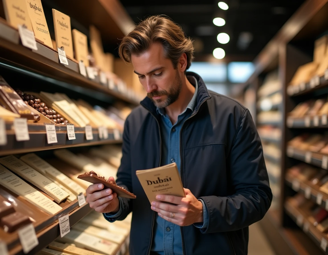 Homme comparant les prix du chocolat Dubaï dans une épicerie fine, examinant attentivement l'étiquette de prix avant l'achat
