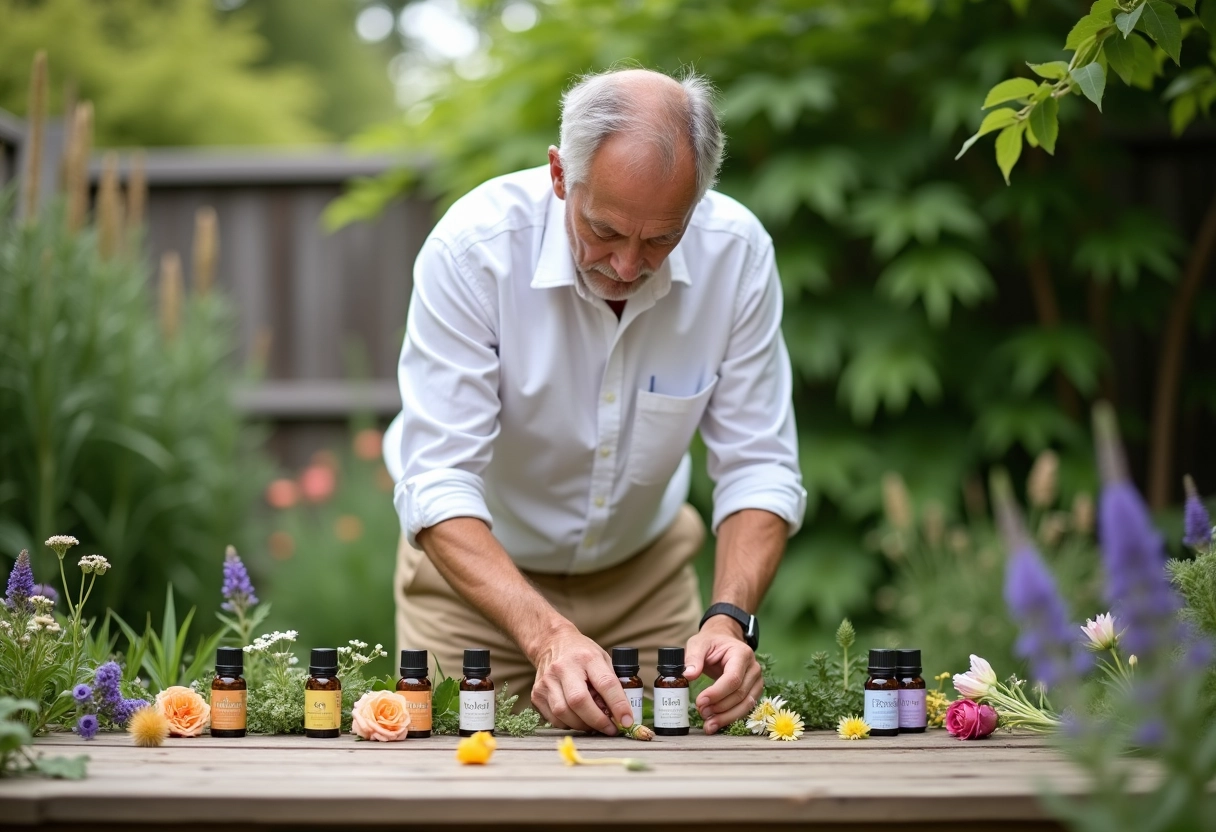 Homme arrangeant remèdes Bach dans le jardin