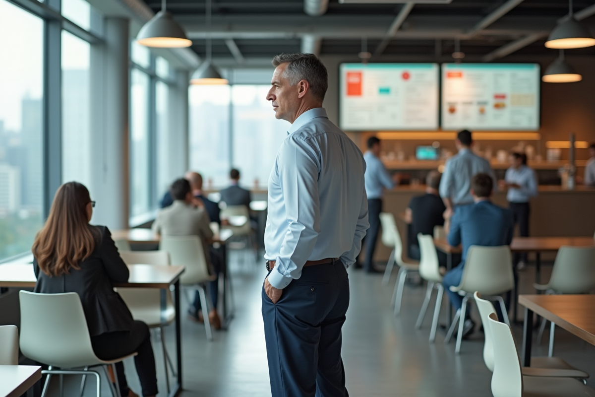 Homme d affaires regarde le menu dans une cafeteria moderne