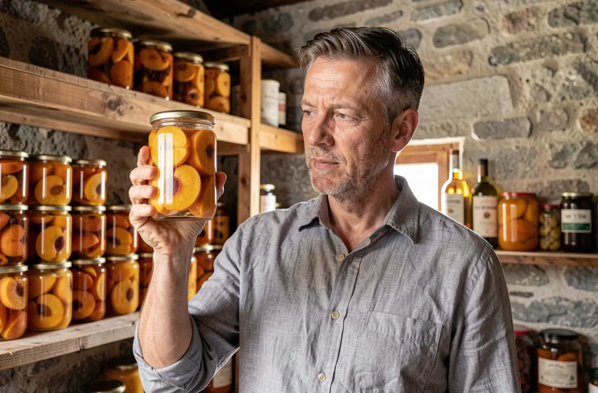 Homme dans une cave tenant un bocal de pêches macérées à l'alcool fait maison devant des étagères de conserves