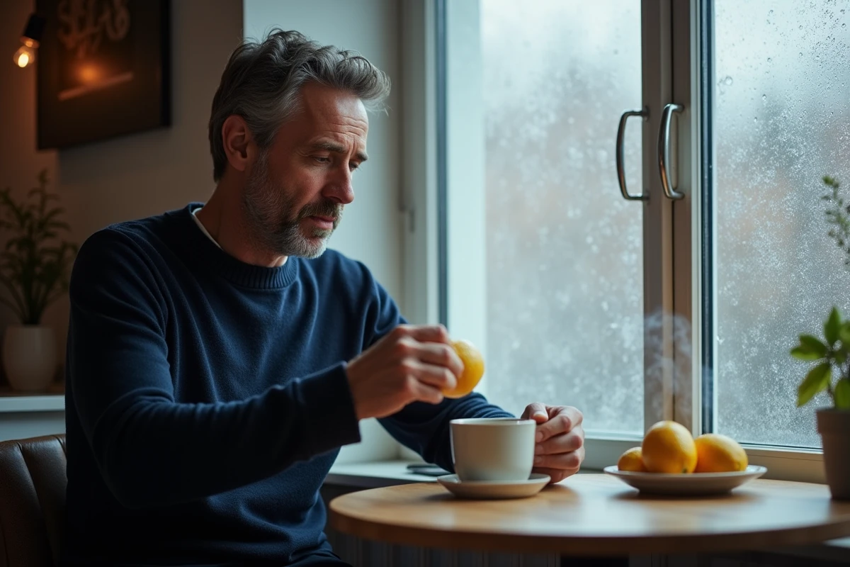 Homme pressant un citron dans une tasse de thé chaud près d'une fenêtre givrée en hiver