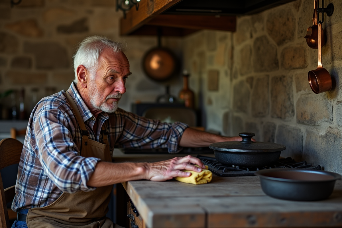 Homme âgé nettoyant une vieille cuisinière en fonte dans une cuisine rustique