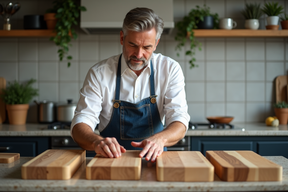Homme d'âge moyen examinant des planches en bois dans la cuisine