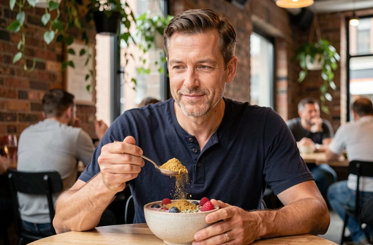 Homme flexitarien dégustant un smoothie bowl enrichi en protéines d'insectes dans un café urbain