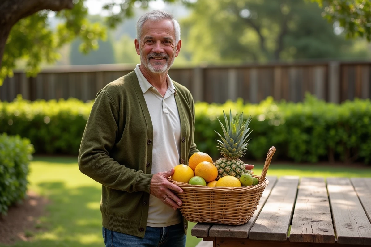 Homme avec panier de fruits exotiques dans un jardin ensoleille