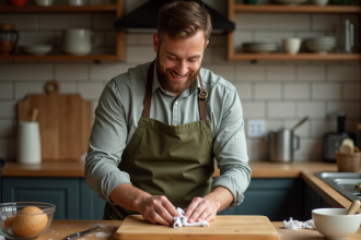 Homme d'âge moyen huilant une planche en bois dans une cuisine chaleureuse