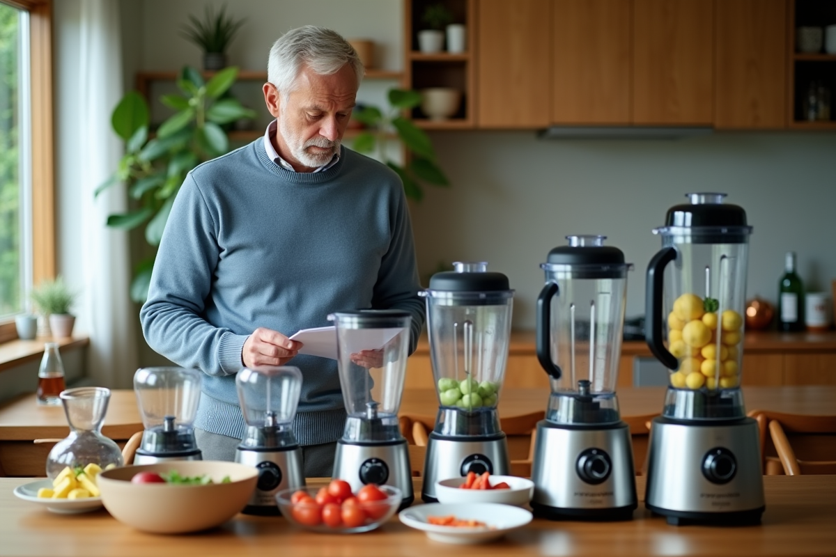Homme analysant des blenders et notes sur la table