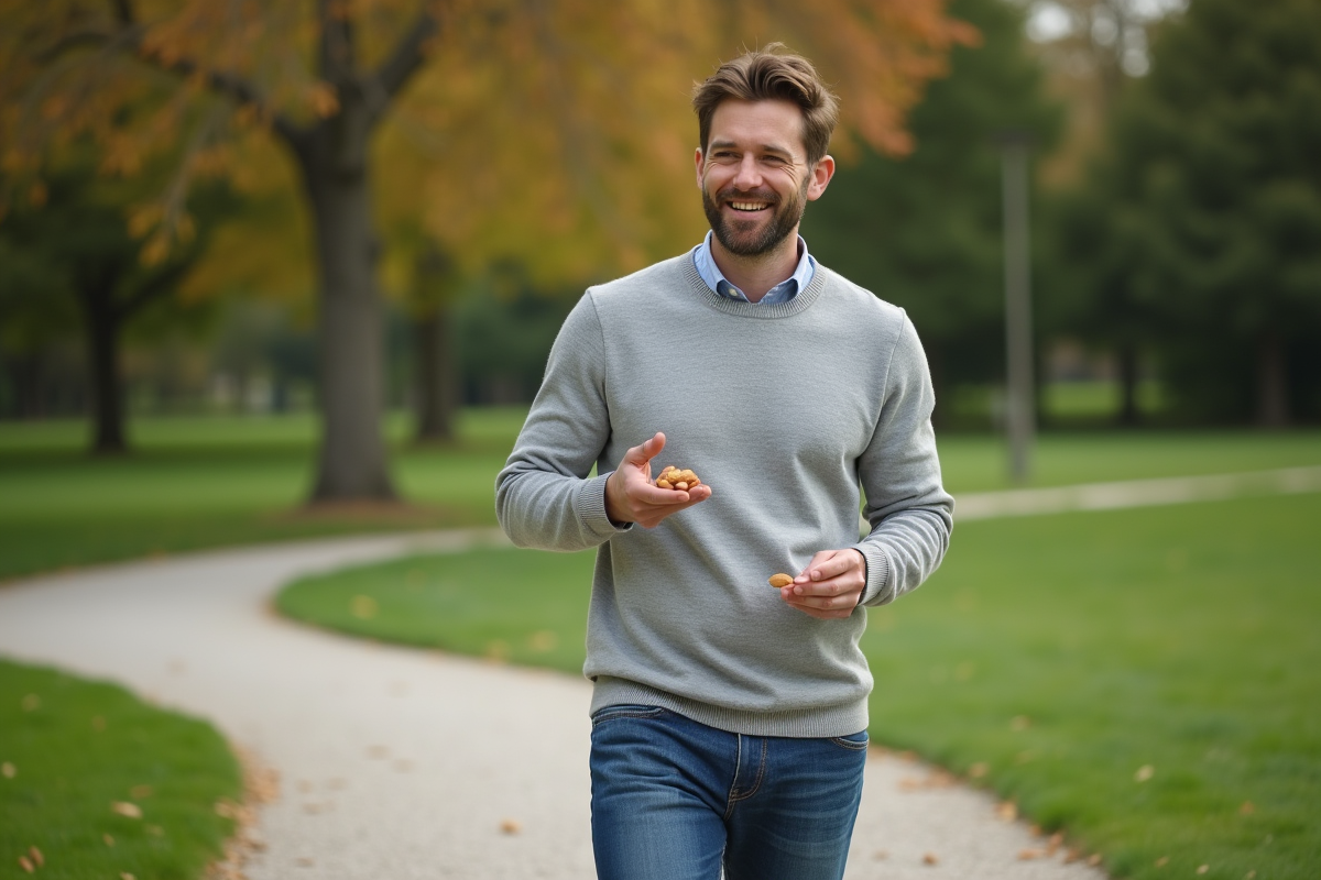 Homme en plein air mangeant des amandes dans un parc