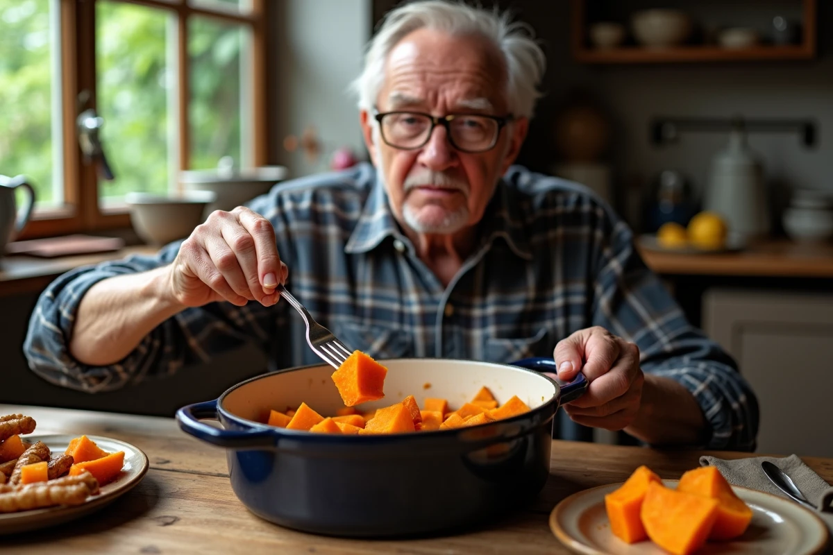 Homme dégustant une tranche de patate douce dans une cuisine campagnarde