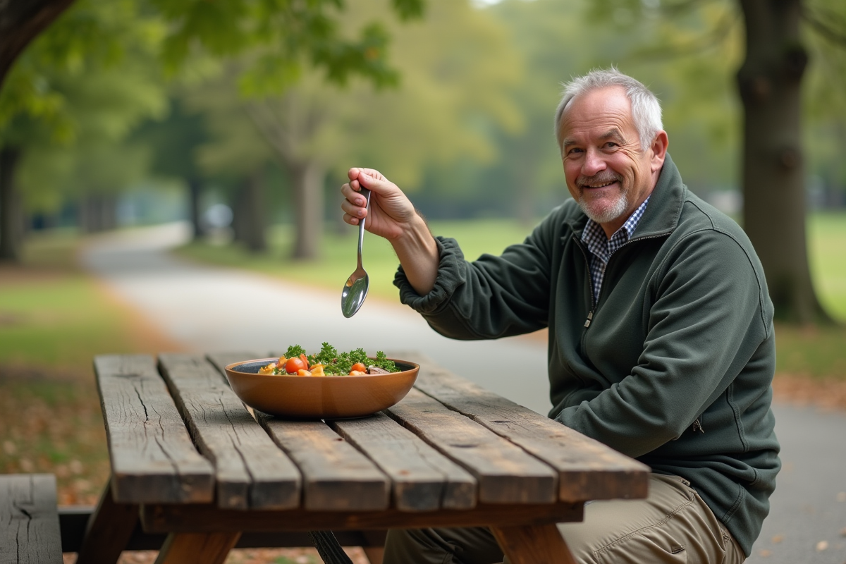 Homme dégustant une soupe de légumes en plein air