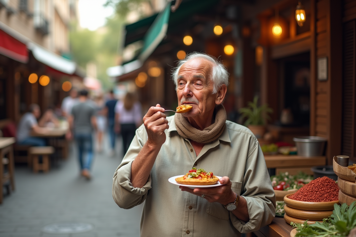 Homme âgé dégustant street food dans un marché urbain animé