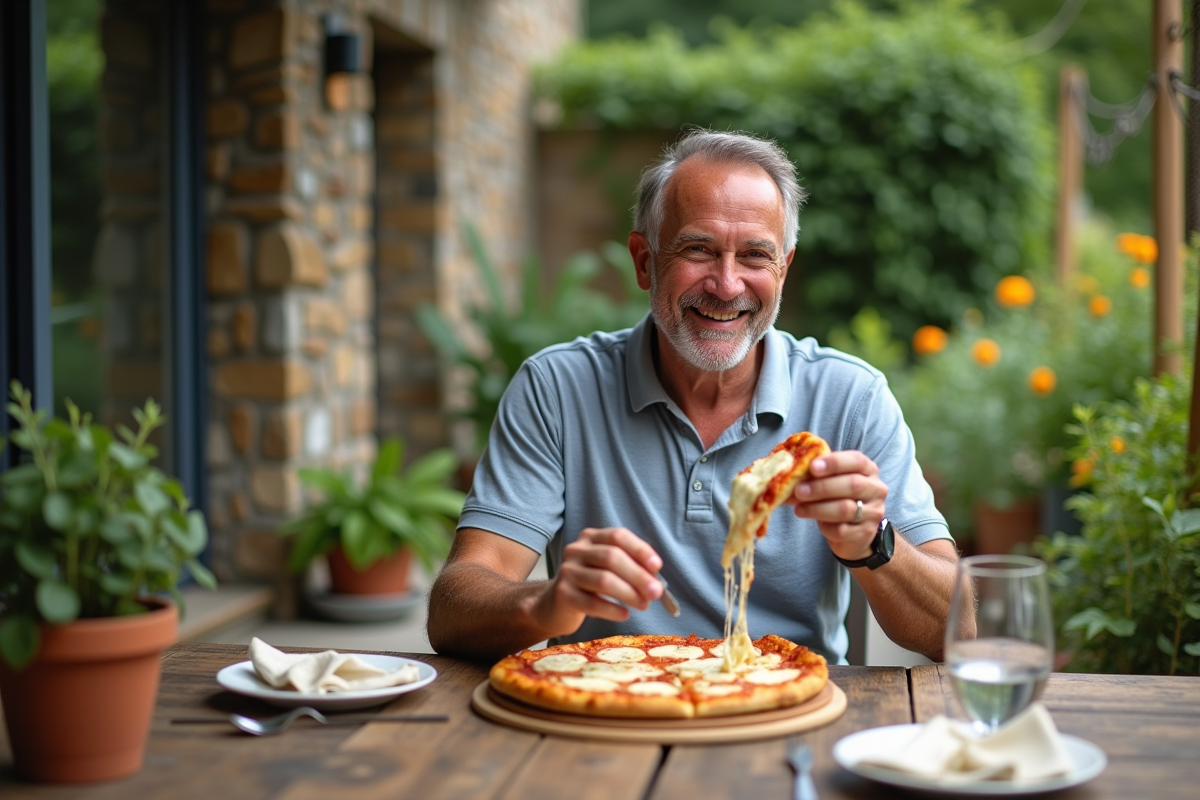 Homme dégustant une pizza keto dans un patio extérieur