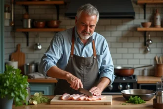 Homme français préparant la couille de mouton dans une cuisine rustique