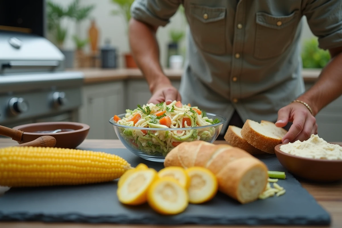 Homme préparant rapidement des accompagnements faciles pour barbecue avec coleslaw et pain