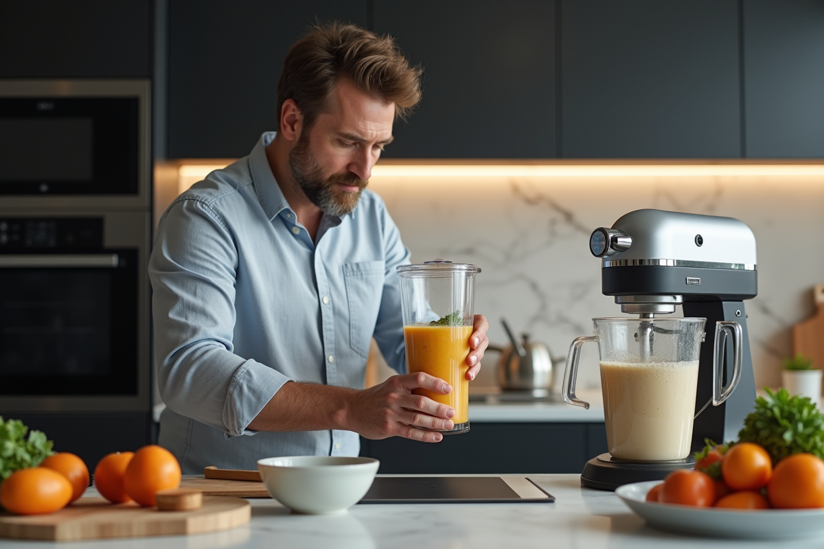 Homme prépare un smoothie avec un blender dans une cuisine moderne