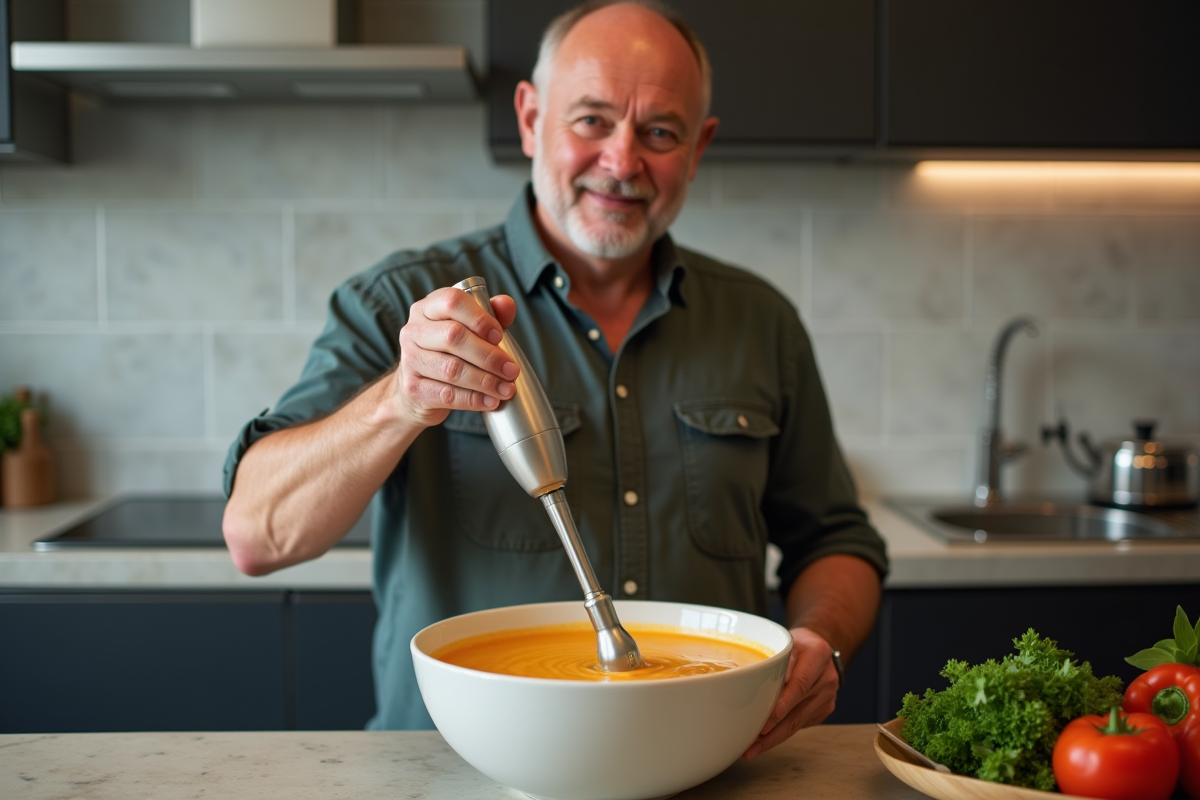 Homme utilisant un mixeur à main pour mixer une soupe dans un bol