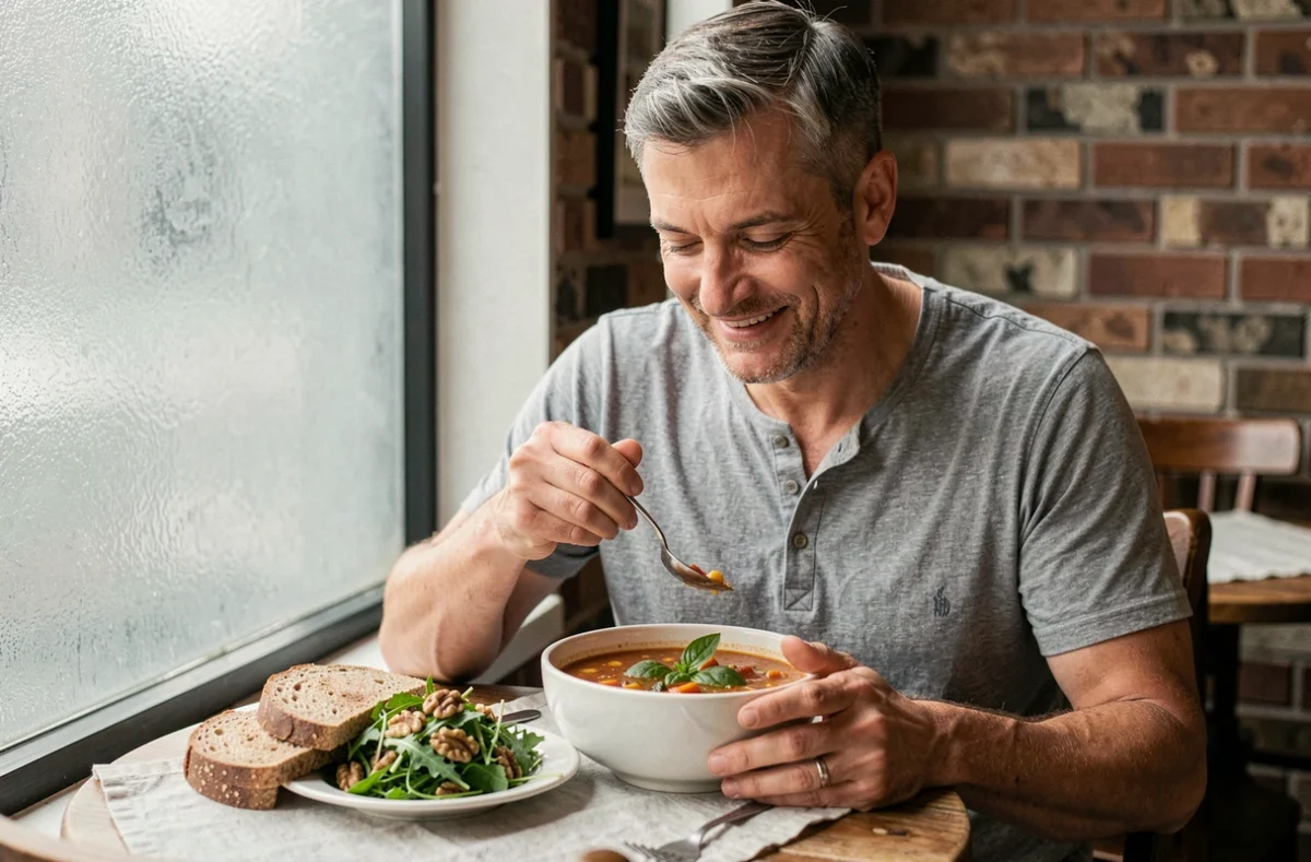 Homme savourant un repas végétarien sain avec soupe minestrone et pain complet dans un café bistro