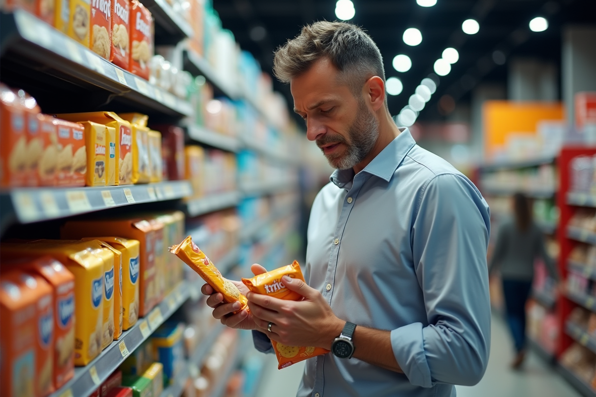 Homme en supermarche lit etiquettes biscuits