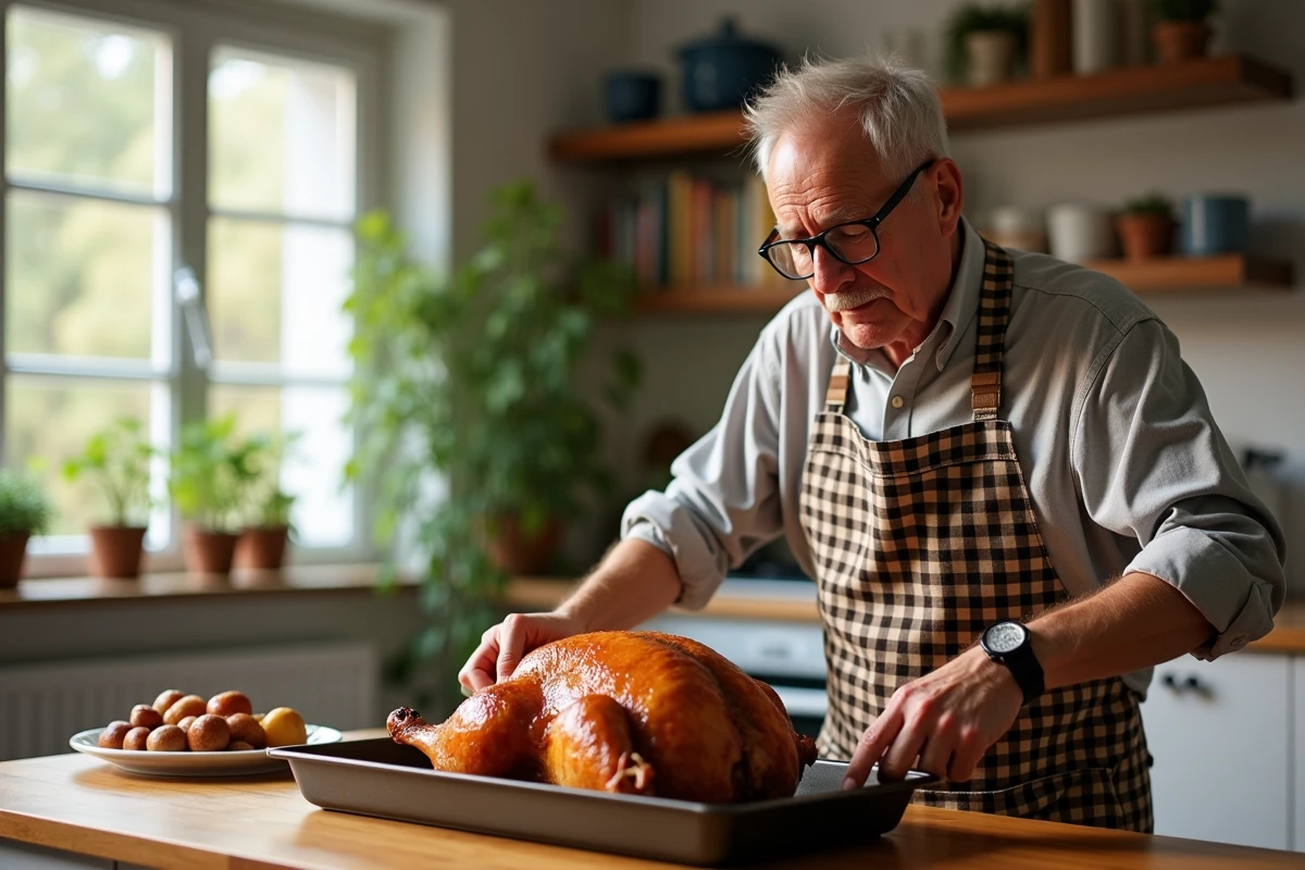 Homme âgé inspectant un capon sur la table