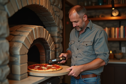 Homme vérifiant un thermomètre sur une pizza dans un four