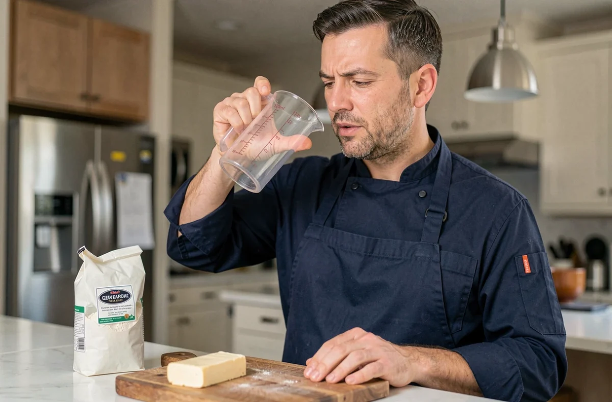 Homme lisant les graduations d'un verre doseur en cuisine pour mesurer 125g de farine ou de beurre en cl