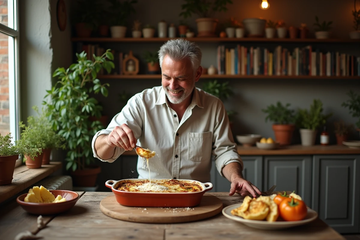 Homme saupoudrant du fromage sur un gratin d