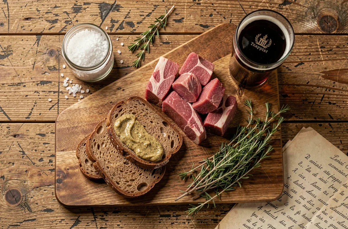 Ingrédients de la carbonade flamande disposés en flat lay avec pain d'épices, moutarde ancienne et bière belge brune sur planche en bois