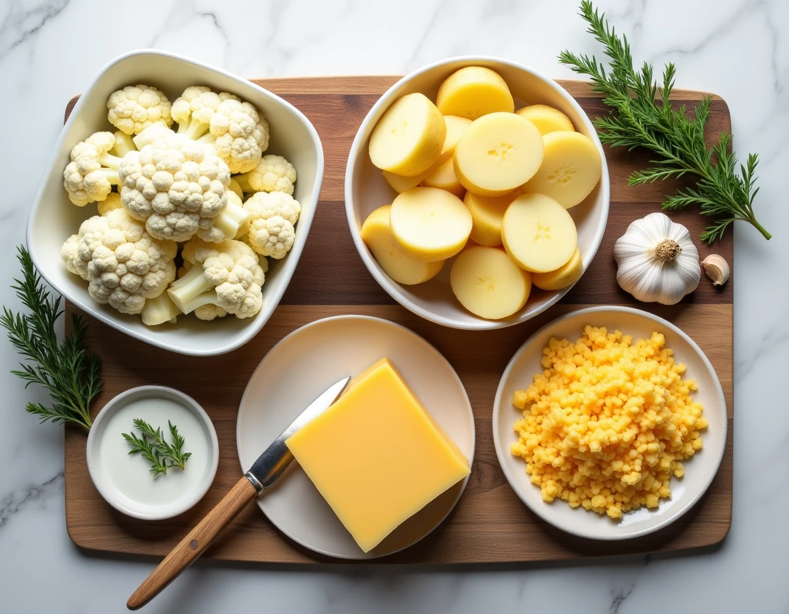 Ingrédients frais pour un gratin de chou-fleur et pommes de terre disposés sur un plan de travail en marbre blanc