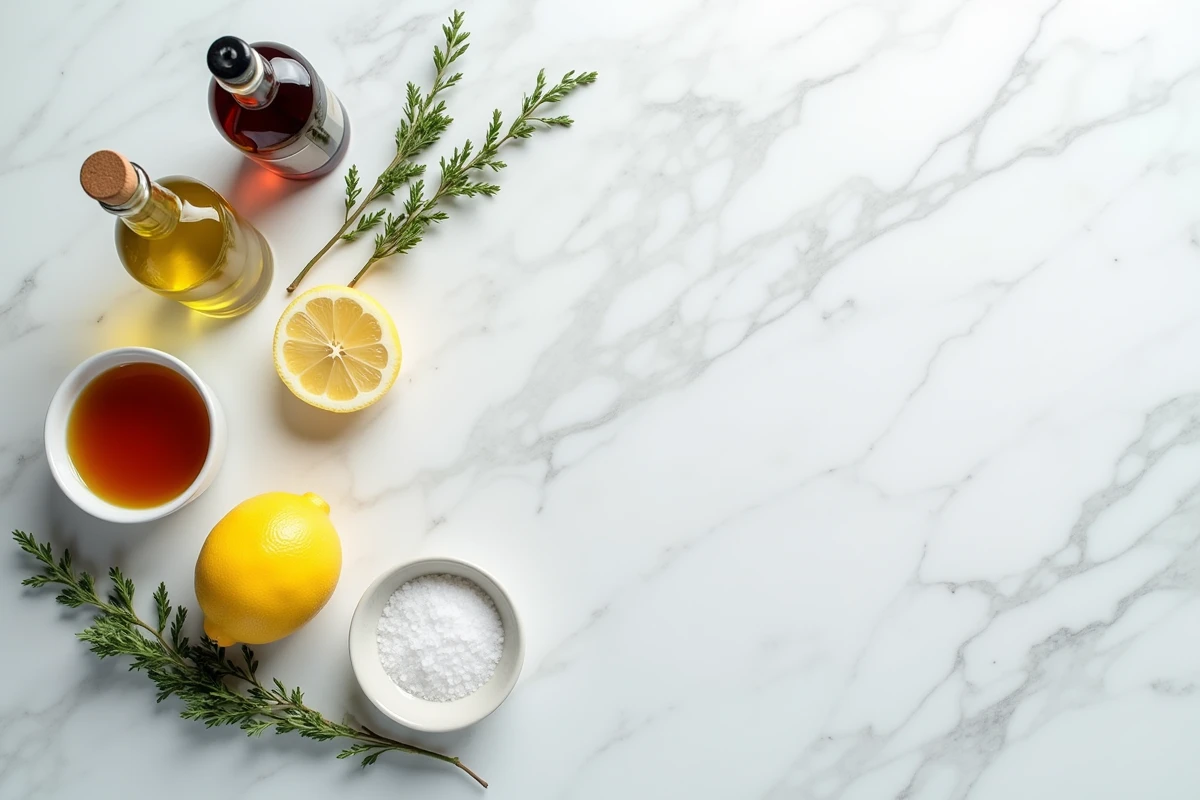 Vue de dessus des ingrédients pour vinaigrette maison sur marbre blanc : huile d'olive, moutarde, citron et vinaigre