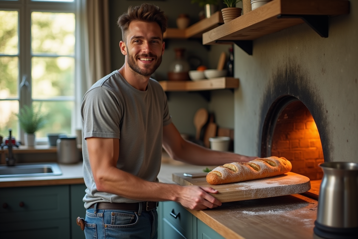 Jeune homme glissant une baguette dans un four à bois