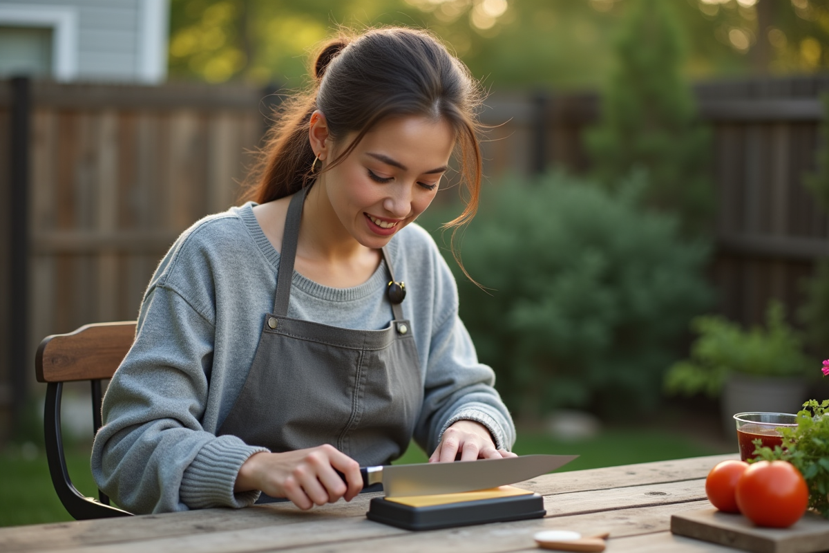 Jeune femme affûtant un couteau en extérieur