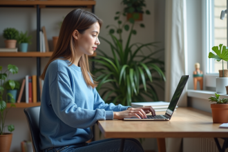 Jeune femme en bureau moderne travaillant sur un ordinateur portable