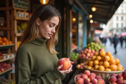 Jeune femme inspectant un pêche dans un marché en plein air