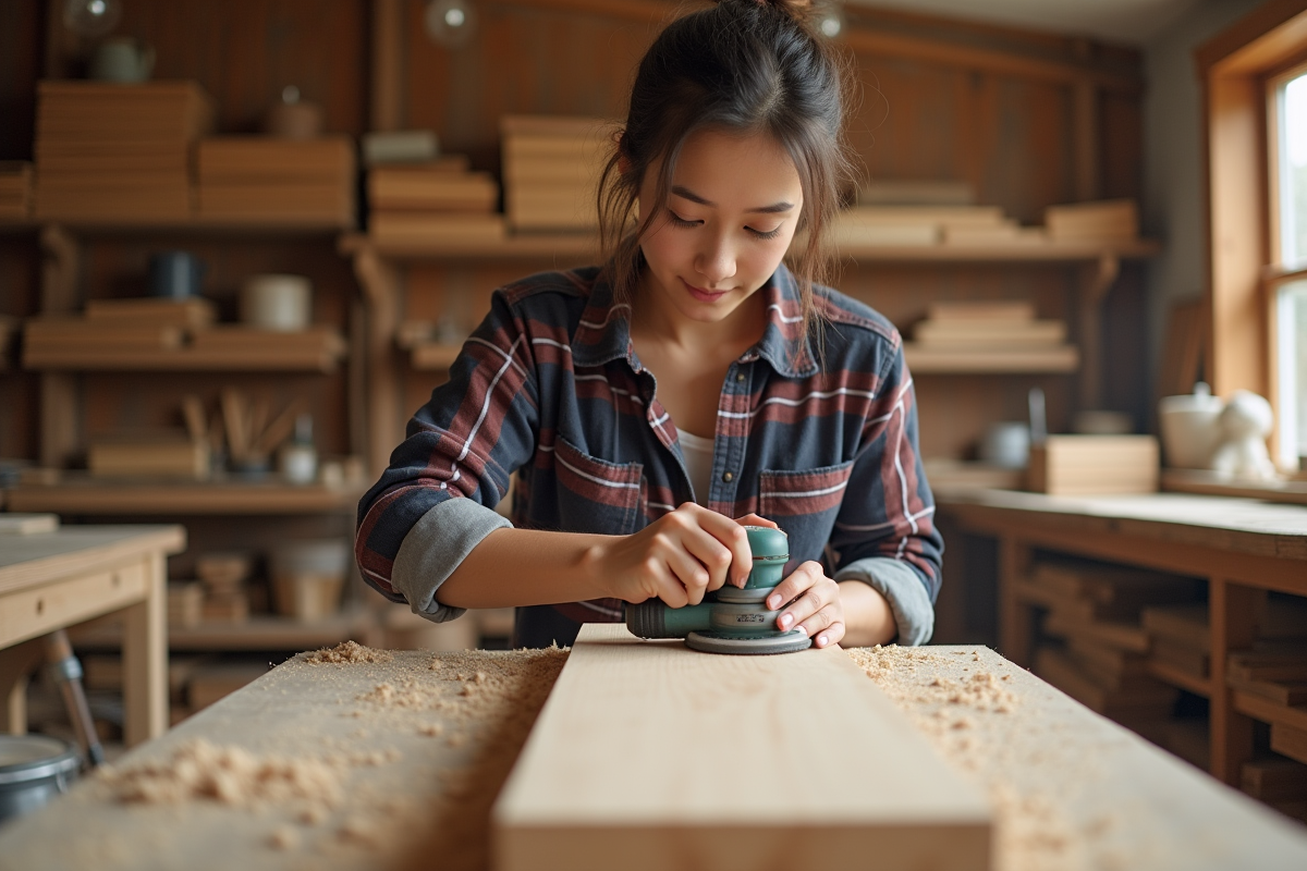 Jeune femme ponçant une planche en bois dans un atelier