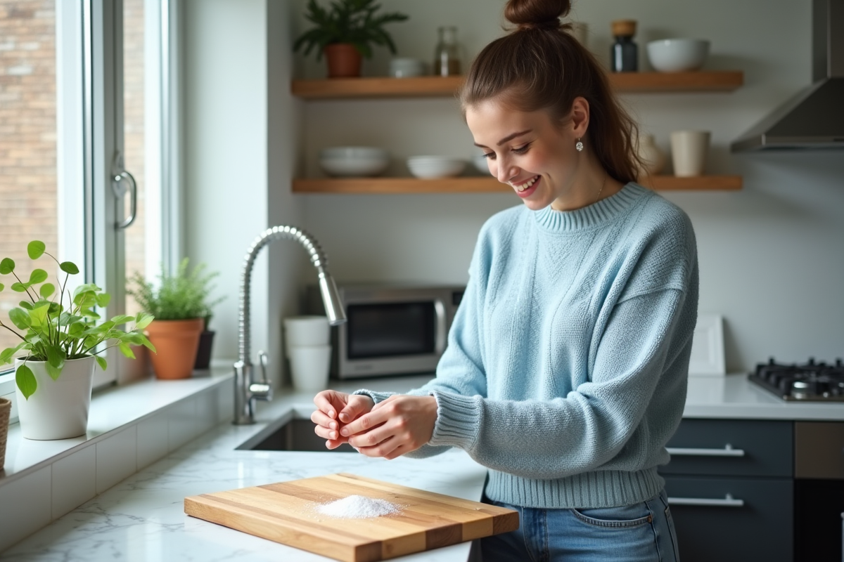 Jeune femme saupoudrant du sel sur une planche en bois dans une cuisine lumineuse