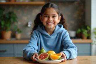 Jeune fille souriante avec fruits indiens dans une cuisine chaleureuse