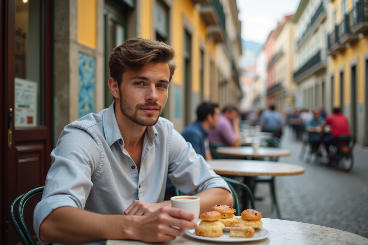 Jeune homme portugais dégustant pastel de nata dans un café en plein air