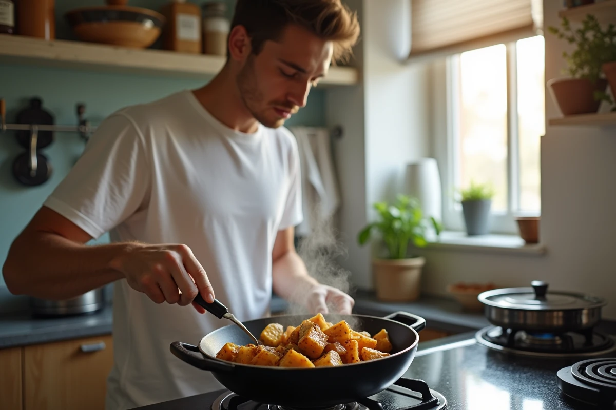 Jeune homme faisant revenir des aubergines dans une poêle sur une petite cuisinière d'étudiant