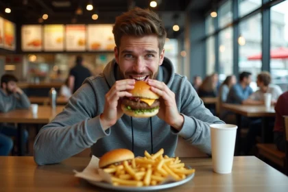 Jeune homme mangeant un burger dans un fastfood