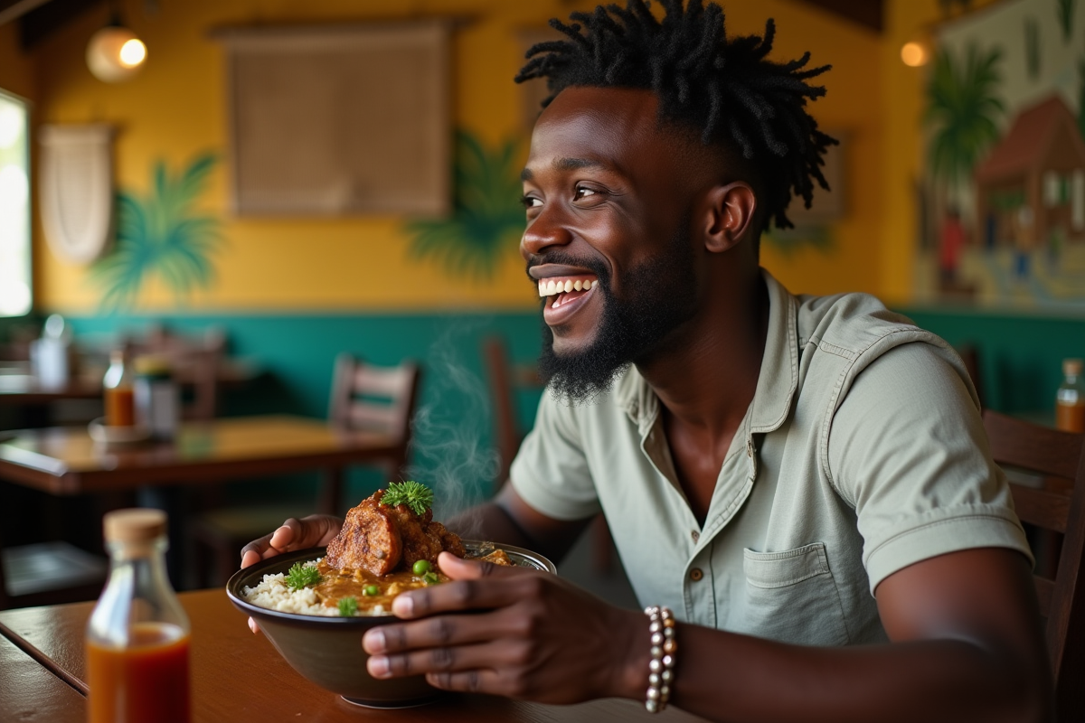 Jeune jamaicain dégustant curry de chèvre dans un restaurant