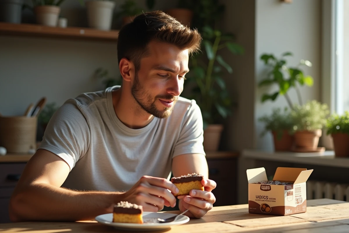 Jeune homme dégustant une part de gâteau marron