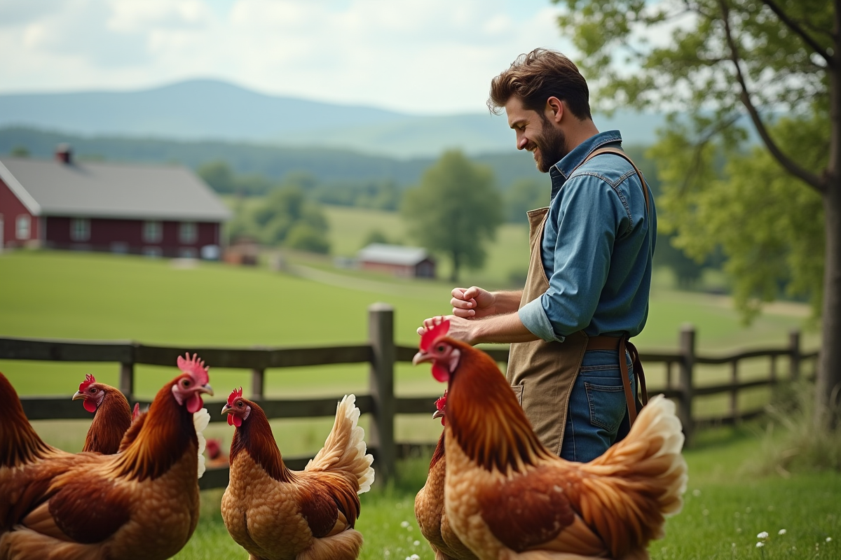 Jeune homme inspectant poulets en plein air