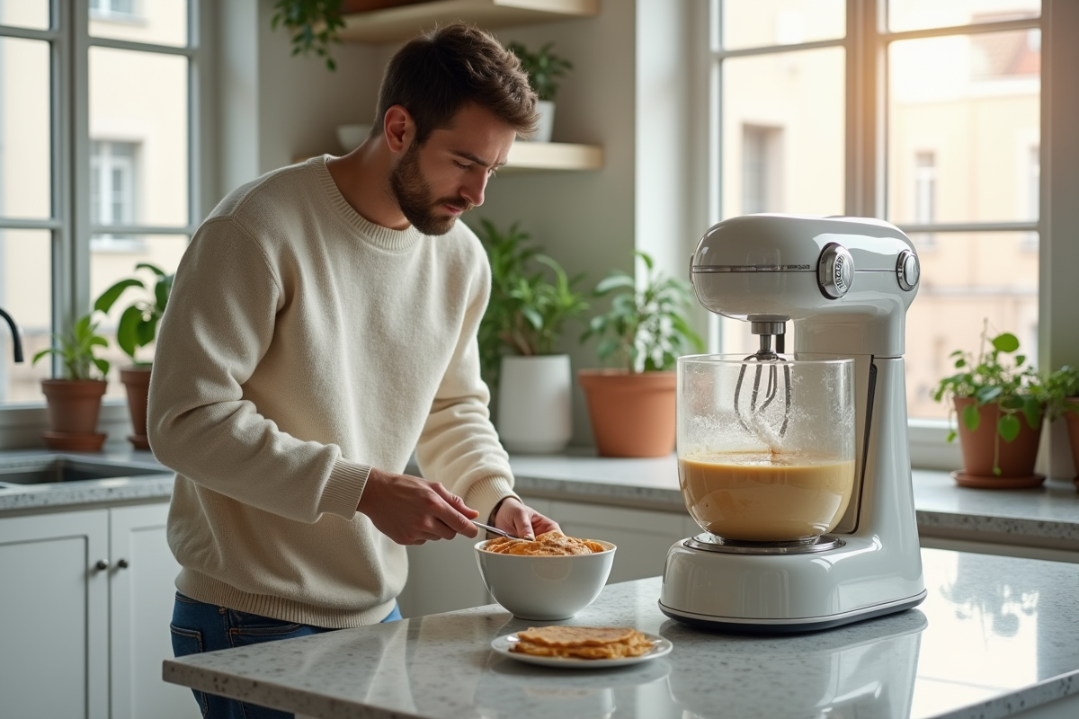 Jeune homme compare deux robots de cuisine avec pate de crepe