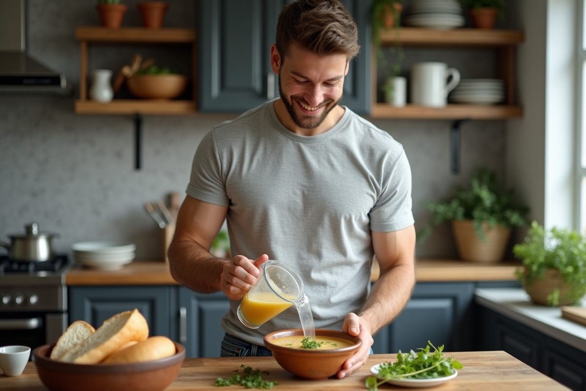Jeune homme servant une soupe dans une cuisine moderne