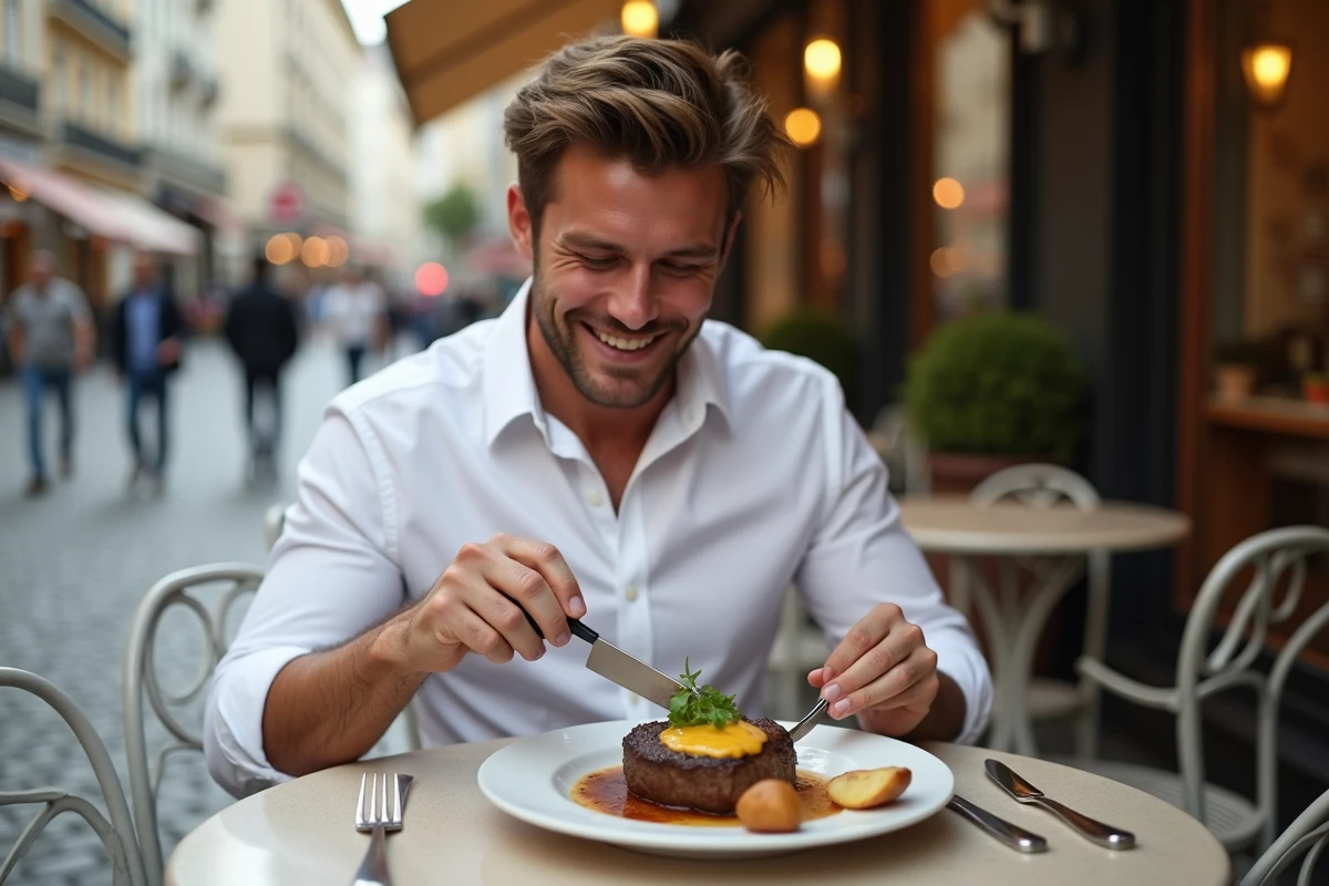 Jeune homme dégustant un filet mignon en terrasse
